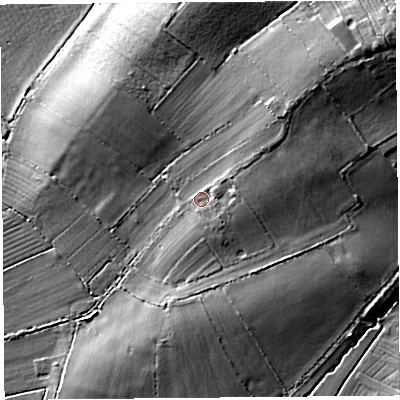 Shaded relief map of the ground around BS284QD, computed from Environment Agency LiDAR. The ground here sits at about 14 m above sea level and falls 26 m across the surrounding 800 m. Surface water reaching this point runs off ground lying to the north-east, 12.8 m higher.