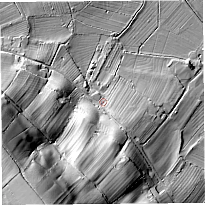 Shaded relief map of the ground around BS284SB, computed from Environment Agency LiDAR. The ground here sits at about 13 m above sea level and falls 62 m across the surrounding 800 m. Surface water reaching this point runs off ground lying to the south-south-west, 54.0 m higher.