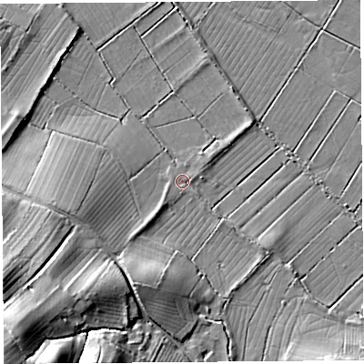 Shaded relief map of the ground around BS284SH, computed from Environment Agency LiDAR. The ground here sits at about 8 m above sea level and falls 29 m across the surrounding 800 m. Surface water reaching this point runs off ground lying to the south-west, 1.4 m higher.