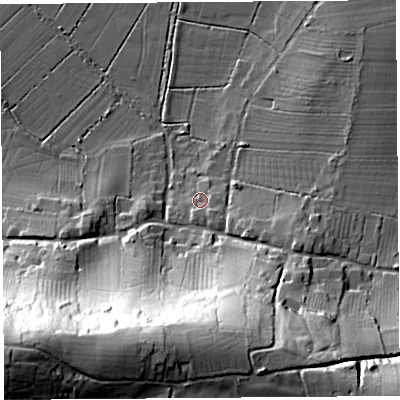 Shaded relief map of the ground around BS284SN, computed from Environment Agency LiDAR. The ground here sits at about 11 m above sea level and falls 64 m across the surrounding 800 m. Surface water reaching this point runs off ground lying to the south-east, 3.5 m higher.