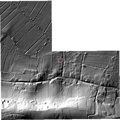 Shaded relief map of the ground around BS284SW, computed from Environment Agency LiDAR. The ground here sits at about 8 m above sea level and falls 66 m across the surrounding 800 m. Surface water reaching this point runs off ground lying to the south, 52.2 m higher.