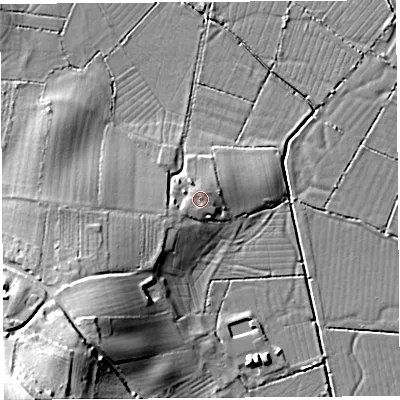 Shaded relief map of the ground around BS284SY, computed from Environment Agency LiDAR. The ground here sits at about 10 m above sea level and falls 47 m across the surrounding 800 m. Surface water reaching this point runs off ground lying to the north-north-east, 1.2 m higher.
