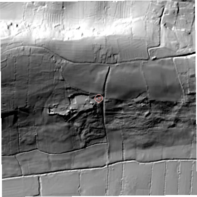 Shaded relief map of the ground around BS284TA, computed from Environment Agency LiDAR. The ground here sits at about 38 m above sea level and falls 68 m across the surrounding 800 m. Surface water reaching this point runs off ground lying to the north-north-west, 24.3 m higher.