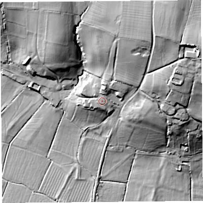 Shaded relief map of the ground around BS284TZ, computed from Environment Agency LiDAR. The ground here sits at about 23 m above sea level and falls 60 m across the surrounding 800 m. Surface water reaching this point runs off ground lying to the north-north-east, 6.7 m higher.