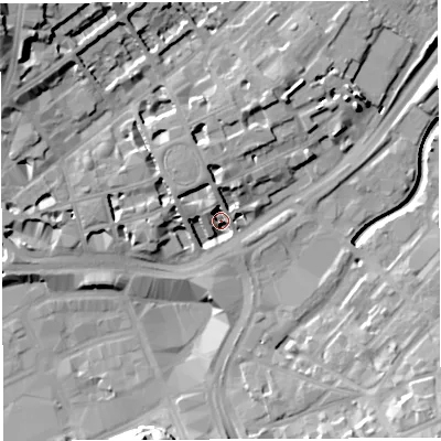 Shaded relief map of the ground around BS28AN, computed from Environment Agency LiDAR. The ground here sits at about 9 m above sea level and falls 22 m across the surrounding 800 m. Surface water reaching this point runs off ground lying to the north-west, 8.0 m higher.
