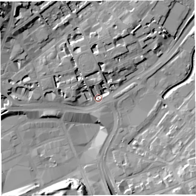 Shaded relief map of the ground around BS28FJ, computed from Environment Agency LiDAR. The ground here sits at about 10 m above sea level and falls 25 m across the surrounding 800 m. Surface water reaching this point runs off ground lying to the north-west, 8.3 m higher.