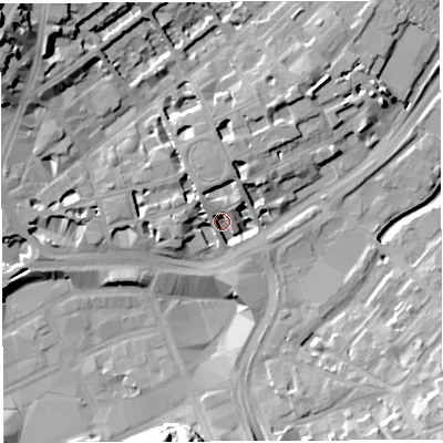 Shaded relief map of the ground around BS28RH, computed from Environment Agency LiDAR. The ground here sits at about 10 m above sea level and falls 29 m across the surrounding 800 m. Surface water reaching this point runs off ground lying to the north-north-west, 7.0 m higher.