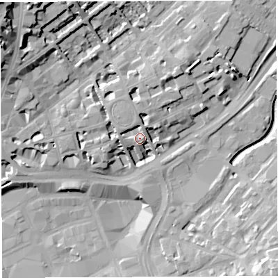 Shaded relief map of the ground around BS28RL, computed from Environment Agency LiDAR. The ground here sits at about 13 m above sea level and falls 28 m across the surrounding 800 m. Surface water reaching this point runs off ground lying to the west-north-west, 8.0 m higher.
