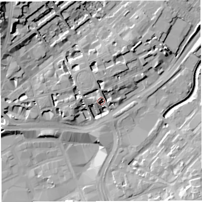 Shaded relief map of the ground around BS28RQ, computed from Environment Agency LiDAR. The ground here sits at about 12 m above sea level and falls 25 m across the surrounding 800 m. Surface water reaching this point runs off ground lying to the west-north-west, 8.0 m higher.