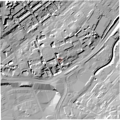 Shaded relief map of the ground around BS28TA, computed from Environment Agency LiDAR. The ground here sits at about 12 m above sea level and falls 25 m across the surrounding 800 m. Surface water reaching this point runs off ground lying to the north-north-west, 5.5 m higher.