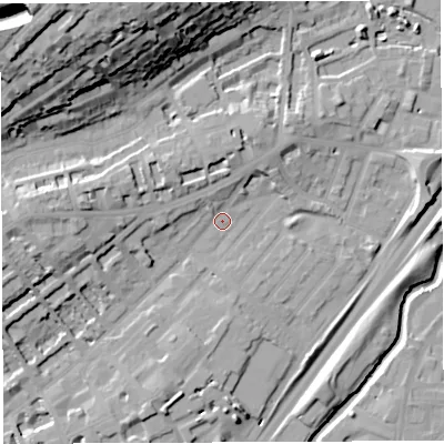 Shaded relief map of the ground around BS28YA, computed from Environment Agency LiDAR. The ground here sits at about 12 m above sea level and falls 43 m across the surrounding 800 m. Surface water reaching this point runs off ground lying to the west, 12.1 m higher.