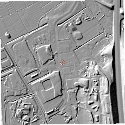 Shaded relief map of the ground around BS296AN, computed from Environment Agency LiDAR. The ground here sits at about 6 m above sea level and falls 21 m across the surrounding 800 m. Surface water reaching this point runs off ground lying to the south-east, 1.2 m higher.
