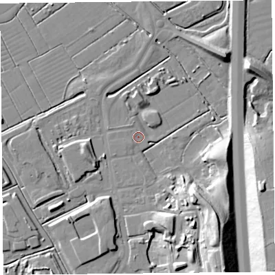 Shaded relief map of the ground around BS296AP, computed from Environment Agency LiDAR. The ground here sits at about 6 m above sea level and falls 22 m across the surrounding 800 m. Surface water reaching this point runs off ground lying to the south-east, 20.7 m higher.