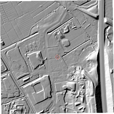 Shaded relief map of the ground around BS296AR, computed from Environment Agency LiDAR. The ground here sits at about 6 m above sea level and falls 21 m across the surrounding 800 m. Surface water reaching this point runs off ground lying to the south-south-east, 1.1 m higher.