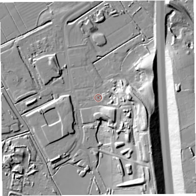 Shaded relief map of the ground around BS296AT, computed from Environment Agency LiDAR. The ground here sits at about 7 m above sea level and falls 23 m across the surrounding 800 m. Surface water reaching this point runs off ground lying to the east-north-east, 1.7 m higher.