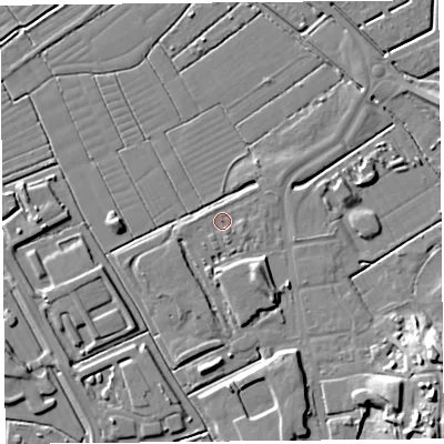 Shaded relief map of the ground around BS296BR, computed from Environment Agency LiDAR. The ground here sits at about 6 m above sea level and falls 14 m across the surrounding 800 m. Surface water reaching this point runs off ground lying to the south-east, 4.8 m higher.