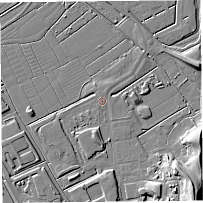 Shaded relief map of the ground around BS296BU, computed from Environment Agency LiDAR. The ground here sits at about 7 m above sea level and falls 21 m across the surrounding 800 m. Surface water reaching this point runs off ground lying to the north-north-east, 0.7 m higher.