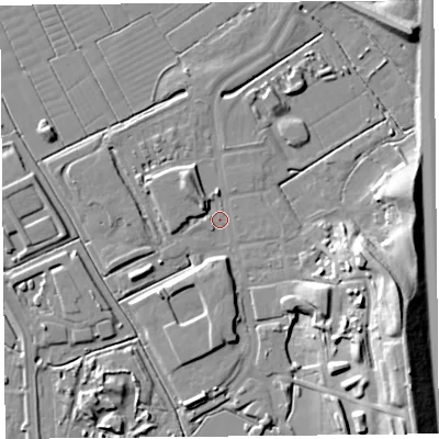 Shaded relief map of the ground around BS296BX, computed from Environment Agency LiDAR. The ground here sits at about 6 m above sea level and falls 21 m across the surrounding 800 m. Surface water reaching this point runs off ground lying to the north-west, 3.8 m higher.