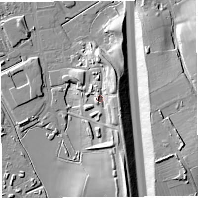 Shaded relief map of the ground around BS296BY, computed from Environment Agency LiDAR. The ground here sits at about 17 m above sea level and falls 27 m across the surrounding 800 m. Surface water reaching this point runs off ground lying to the east, 9.4 m higher.