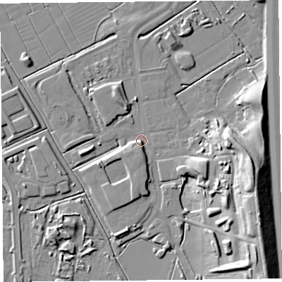 Shaded relief map of the ground around BS296BZ, computed from Environment Agency LiDAR. The ground here sits at about 7 m above sea level and falls 21 m across the surrounding 800 m. Surface water reaching this point runs off ground lying to the east-south-east, 20.0 m higher.