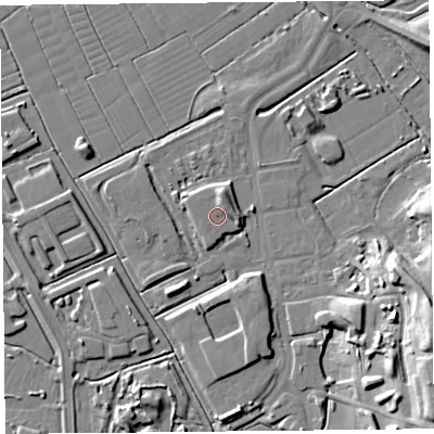 Shaded relief map of the ground around BS296DY, computed from Environment Agency LiDAR. The ground here sits at about 8 m above sea level and falls 21 m across the surrounding 800 m. Surface water reaching this point runs off ground lying to the north-east, 2.3 m higher.