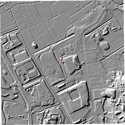Shaded relief map of the ground around BS296DZ, computed from Environment Agency LiDAR. The ground here sits at about 6 m above sea level and falls 14 m across the surrounding 800 m. Surface water reaching this point runs off ground lying to the east-north-east, 3.8 m higher.