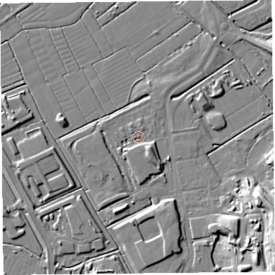 Shaded relief map of the ground around BS296EB, computed from Environment Agency LiDAR. The ground here sits at about 6 m above sea level and falls 17 m across the surrounding 800 m. Surface water reaching this point runs off ground lying to the south-east, 4.8 m higher.