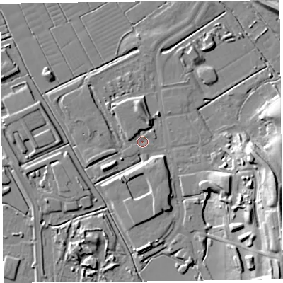 Shaded relief map of the ground around BS296ED, computed from Environment Agency LiDAR. The ground here sits at about 6 m above sea level and falls 21 m across the surrounding 800 m. Surface water reaching this point runs off ground lying to the north, 4.4 m higher.