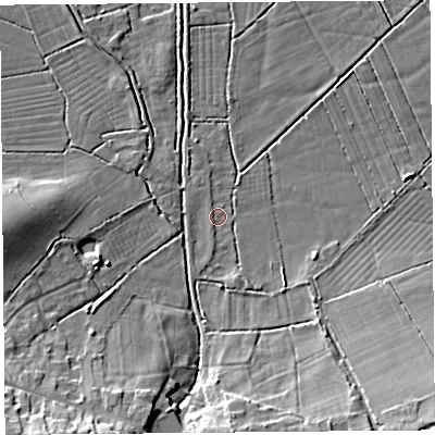 Shaded relief map of the ground around BS296EE, computed from Environment Agency LiDAR. The ground here sits at about 5 m above sea level and falls 14 m across the surrounding 800 m. Surface water reaching this point runs off ground lying to the south-south-east, 9.3 m higher.