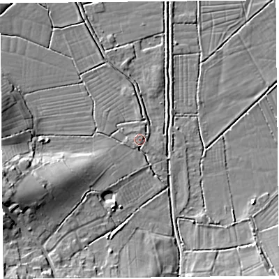 Shaded relief map of the ground around BS296EF, computed from Environment Agency LiDAR. The ground here sits at about 6 m above sea level and falls 12 m across the surrounding 800 m. Surface water reaching this point runs off ground lying to the west-south-west, 5.9 m higher.