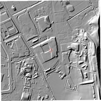 Shaded relief map of the ground around BS296EG, computed from Environment Agency LiDAR. The ground here sits at about 9 m above sea level and falls 22 m across the surrounding 800 m. Surface water reaching this point runs off ground lying to the south-south-east, 3.5 m higher.
