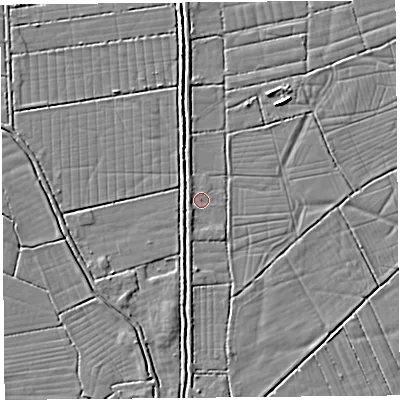 Shaded relief map of the ground around BS296EH, computed from Environment Agency LiDAR. The ground here sits at about 5 m above sea level and falls 3 m across the surrounding 800 m. Surface water reaching this point runs off ground lying to the south-west, 1.0 m higher.