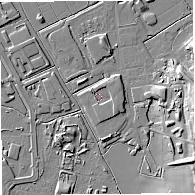 Shaded relief map of the ground around BS296EJ, computed from Environment Agency LiDAR. The ground here sits at about 7 m above sea level and falls 19 m across the surrounding 800 m. Surface water reaching this point runs off ground lying to the south-east, 3.5 m higher.