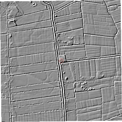 Shaded relief map of the ground around BS296EL, computed from Environment Agency LiDAR. The ground here sits at about 6 m above sea level and falls 3 m across the surrounding 800 m. Surface water reaching this point runs off ground lying to the south-south-east, 3.0 m higher.