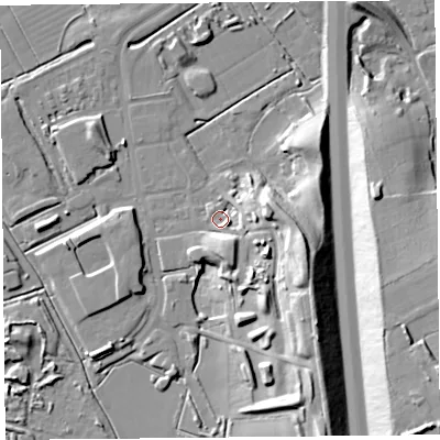 Shaded relief map of the ground around BS296EN, computed from Environment Agency LiDAR. The ground here sits at about 8 m above sea level and falls 25 m across the surrounding 800 m. Surface water reaching this point runs off ground lying to the east-south-east, 17.7 m higher.