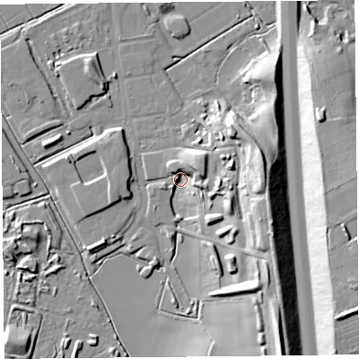 Shaded relief map of the ground around BS296ER, computed from Environment Agency LiDAR. The ground here sits at about 6 m above sea level and falls 24 m across the surrounding 800 m. Surface water reaching this point runs off ground lying to the east-north-east, 9.3 m higher.