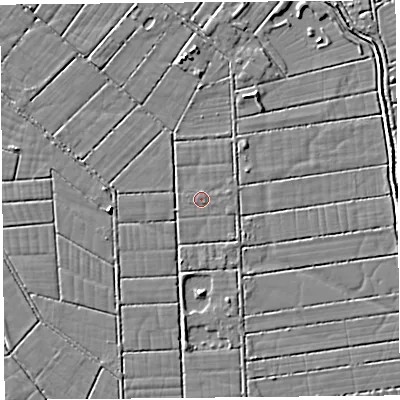 Shaded relief map of the ground around BS296ET, computed from Environment Agency LiDAR. The ground here sits at about 5 m above sea level and falls 3 m across the surrounding 800 m. The ground contributing surface water to this point lies to the south-east.