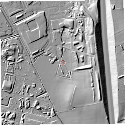 Shaded relief map of the ground around BS296FG, computed from Environment Agency LiDAR. The ground here sits at about 7 m above sea level and falls 24 m across the surrounding 800 m. Surface water reaching this point runs off ground lying to the east-south-east, 20.1 m higher.