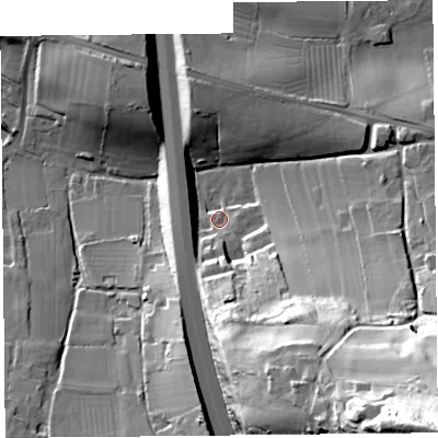 Shaded relief map of the ground around BS296JN, computed from Environment Agency LiDAR. The ground here sits at about 20 m above sea level and falls 90 m across the surrounding 800 m. Surface water reaching this point runs off ground lying to the south-east, 82.9 m higher.