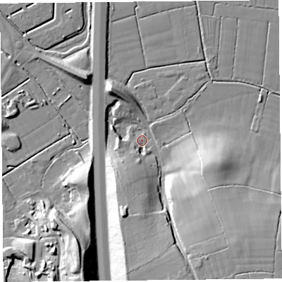 Shaded relief map of the ground around BS296LB, computed from Environment Agency LiDAR. The ground here sits at about 7 m above sea level and falls 23 m across the surrounding 800 m. Surface water reaching this point runs off ground lying to the south-south-east, 21.1 m higher.