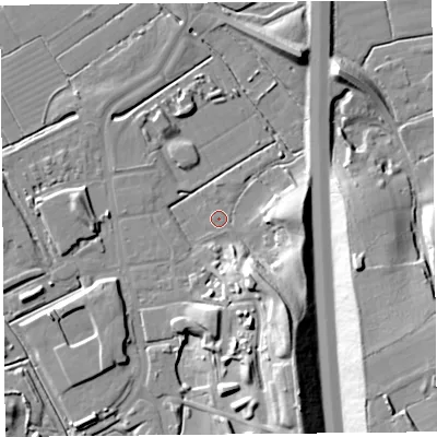 Shaded relief map of the ground around BS296LE, computed from Environment Agency LiDAR. The ground here sits at about 6 m above sea level and falls 24 m across the surrounding 800 m. Surface water reaching this point runs off ground lying to the south-south-east, 20.6 m higher.