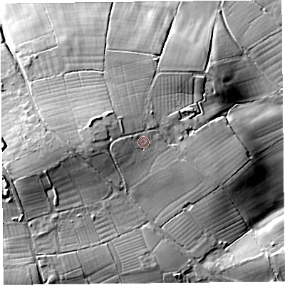 Shaded relief map of the ground around BS296LG, computed from Environment Agency LiDAR. The ground here sits at about 26 m above sea level and falls 28 m across the surrounding 800 m. Surface water reaching this point runs off ground lying to the west-north-west, 2.5 m higher.