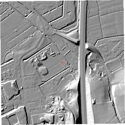 Shaded relief map of the ground around BS296LH, computed from Environment Agency LiDAR. The ground here sits at about 5 m above sea level and falls 21 m across the surrounding 800 m. Surface water reaching this point runs off ground lying to the south, 20.5 m higher.