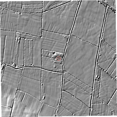 Shaded relief map of the ground around BS296LQ, computed from Environment Agency LiDAR. The ground here sits at about 5 m above sea level and falls 19 m across the surrounding 800 m. Surface water reaching this point runs off ground lying to the north-east, 1.5 m higher.