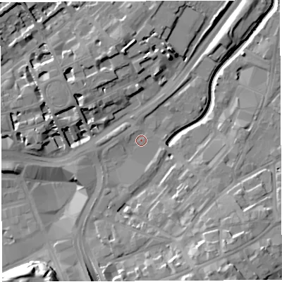 Shaded relief map of the ground around BS29AB, computed from Environment Agency LiDAR. The ground here sits at about 10 m above sea level and falls 18 m across the surrounding 800 m. Surface water reaching this point runs off ground lying to the west-south-west, 3.0 m higher.
