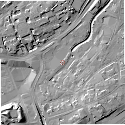 Shaded relief map of the ground around BS29AD, computed from Environment Agency LiDAR. The ground here sits at about 11 m above sea level and falls 18 m across the surrounding 800 m. Surface water reaching this point runs off ground lying to the south-west, 1.1 m higher.