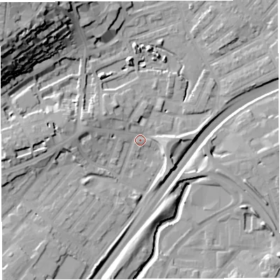 Shaded relief map of the ground around BS29AH, computed from Environment Agency LiDAR. The ground here sits at about 11 m above sea level and falls 36 m across the surrounding 800 m. Surface water reaching this point runs off ground lying to the west, 9.4 m higher.