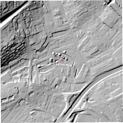 Shaded relief map of the ground around BS29AJ, computed from Environment Agency LiDAR. The ground here sits at about 9 m above sea level and falls 46 m across the surrounding 800 m. Surface water reaching this point runs off ground lying to the west-north-west, 32.6 m higher.