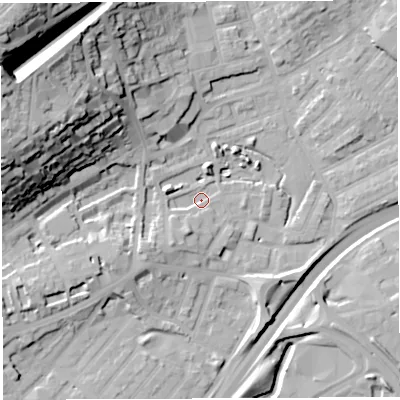 Shaded relief map of the ground around BS29AL, computed from Environment Agency LiDAR. The ground here sits at about 10 m above sea level and falls 51 m across the surrounding 800 m. Surface water reaching this point runs off ground lying to the south-south-west, 5.8 m higher.