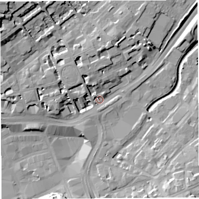 Shaded relief map of the ground around BS29AP, computed from Environment Agency LiDAR. The ground here sits at about 10 m above sea level and falls 20 m across the surrounding 800 m. Surface water reaching this point runs off ground lying to the west-north-west, 8.3 m higher.